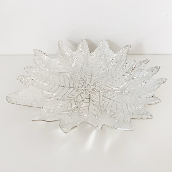 Vintage Akcam Glass Leaf Bowl – White and Silver, Handmade in Turkey, 11” - Picture 1 of 8